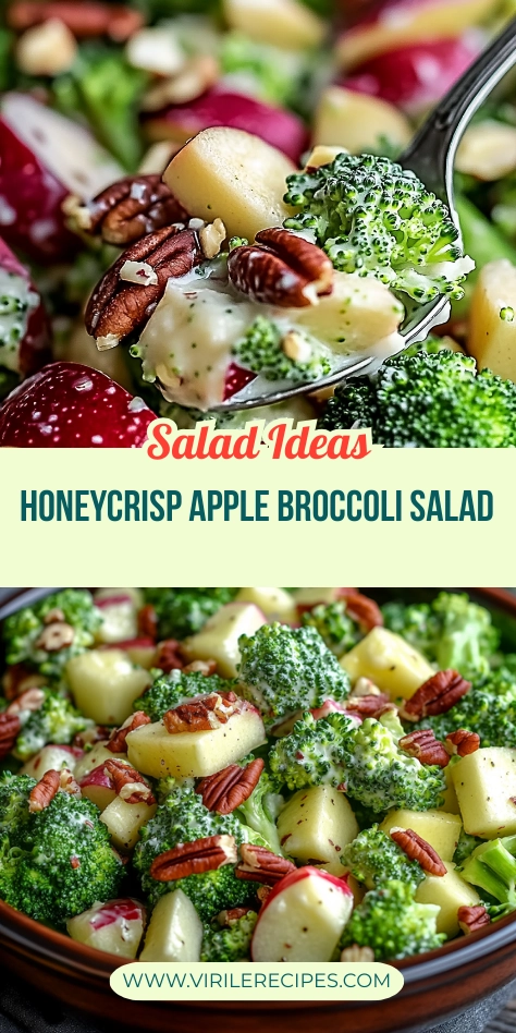 Honeycrisp apple broccoli salad with pecans and creamy dressing in a rustic serving bowl.