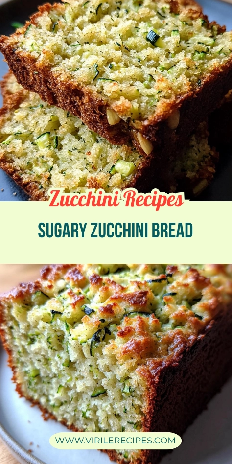 Pinterest image collage showing homemade sugary zucchini bread slices with golden crust and soft, moist zucchini-filled interior.