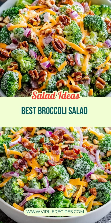 Colorful broccoli salad with cheddar, red onion, bacon, and nuts in a creamy dressing for a healthy side dish