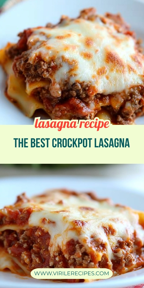 Two-panel collage of crock pot lasagna with golden melted cheese and layered meat sauce on white plates.