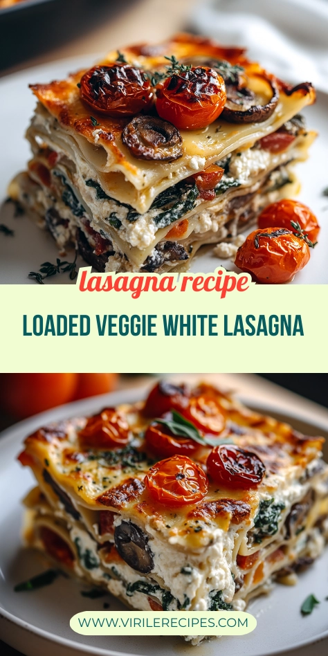 Loaded veggie white lasagna slice with layers of ricotta, spinach, mushrooms, and roasted tomatoes.