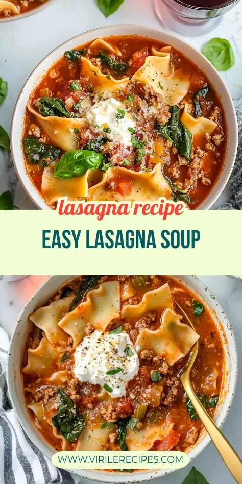 Two bowls of lasagna soup topped with ricotta, basil, and parmesan on a marble background, with wine and a gold spoon.