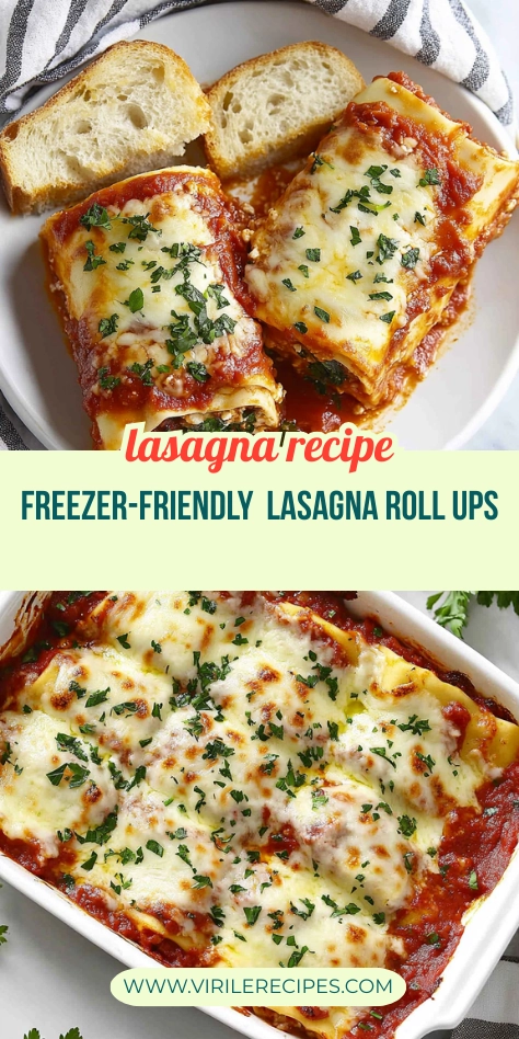Pinterest-style collage showing cheesy lasagna roll ups on a plate with bread and baked in a casserole dish