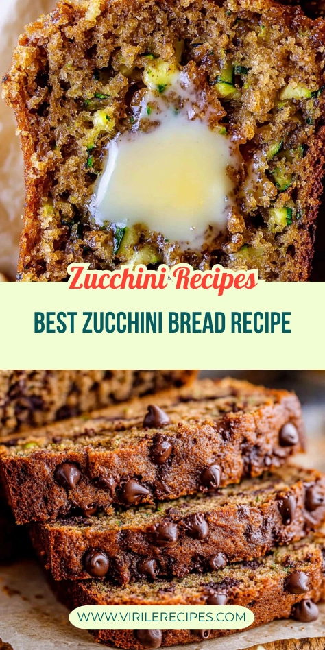 Collage of zucchini bread slice with melted butter and stacked chocolate chip slices