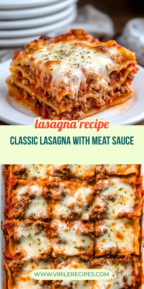 Collage of classic beef lasagna slice and full baked tray with cheesy topping and meat sauce