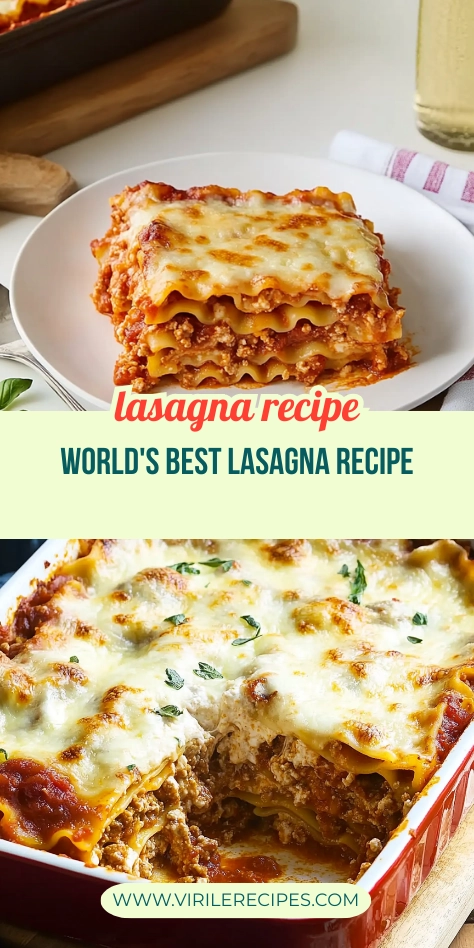 Lasagna recipe pin with plated slice of cheesy lasagna and full baked dish