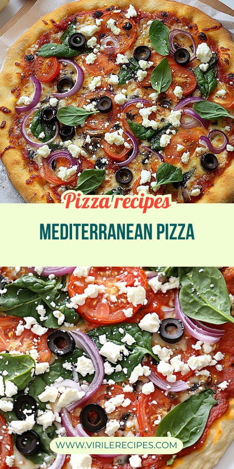Pinterest collage of Mediterranean pizza showing baked and fresh pre-baked versions with feta, spinach, and olives