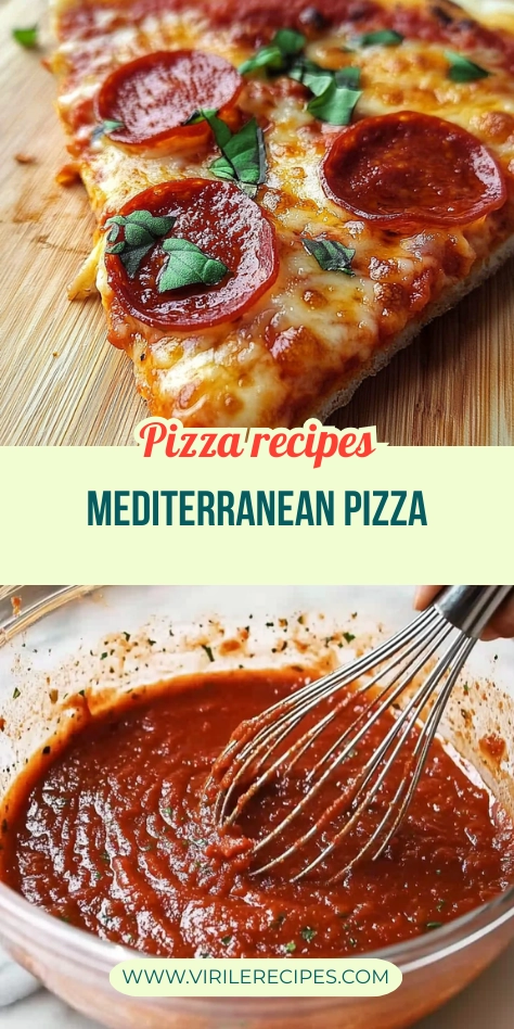 Collage showing pepperoni pizza slice and homemade thick pizza sauce with recipe title