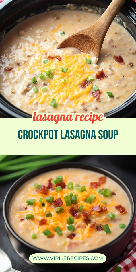 Crockpot lasagna soup in a slow cooker and a bowl, topped with cheddar cheese, bacon, and green onions