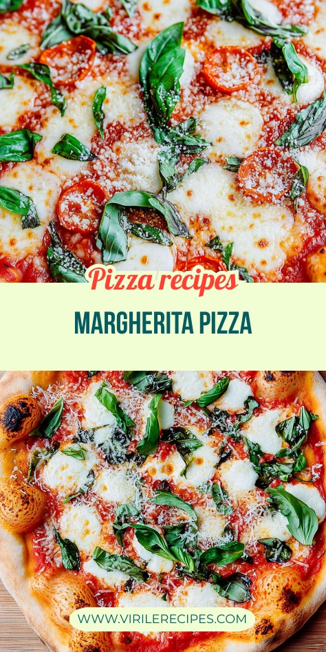Two-photo Pinterest collage of Margherita pizza with melted cheese, basil, and golden crust