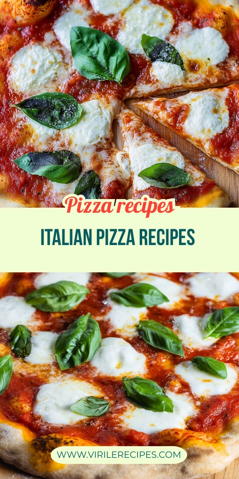 Pinterest collage of two authentic Italian Margherita pizzas topped with basil and mozzarella