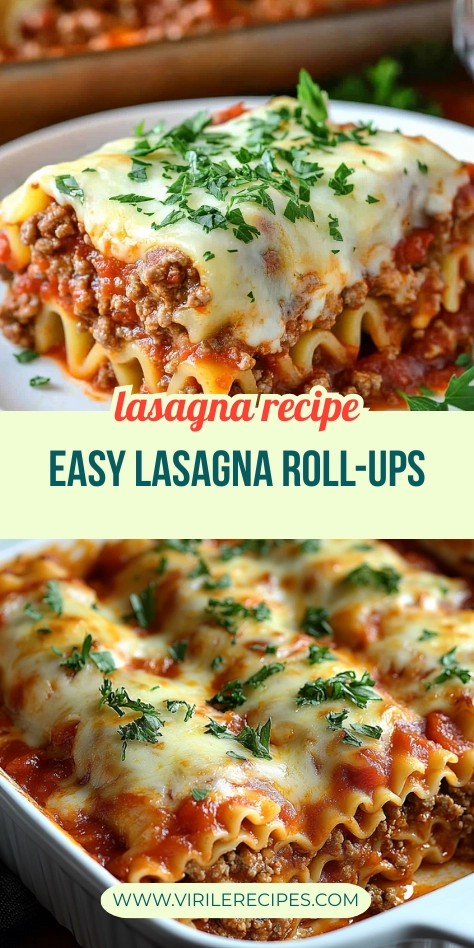 Collage of cheesy beef lasagna roll-ups served on a plate and baked in a dish with tomato sauce and parsley