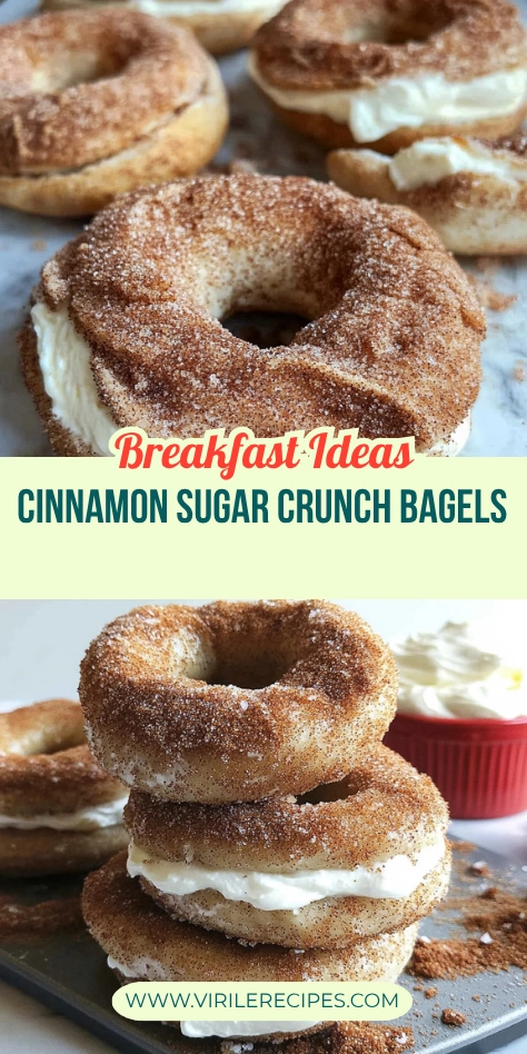 Two-photo collage of cinnamon sugar crunch bagels filled with cream cheese