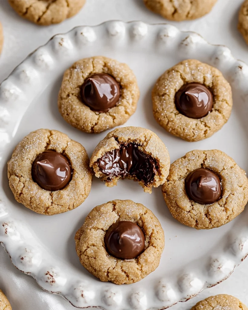 Overhead view of peanut butter blossom cookies with one broken open to reveal melted chocolate inside.