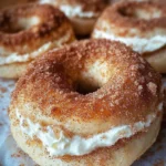 Close-up of a homemade cinnamon crunch bagel filled with cream cheese