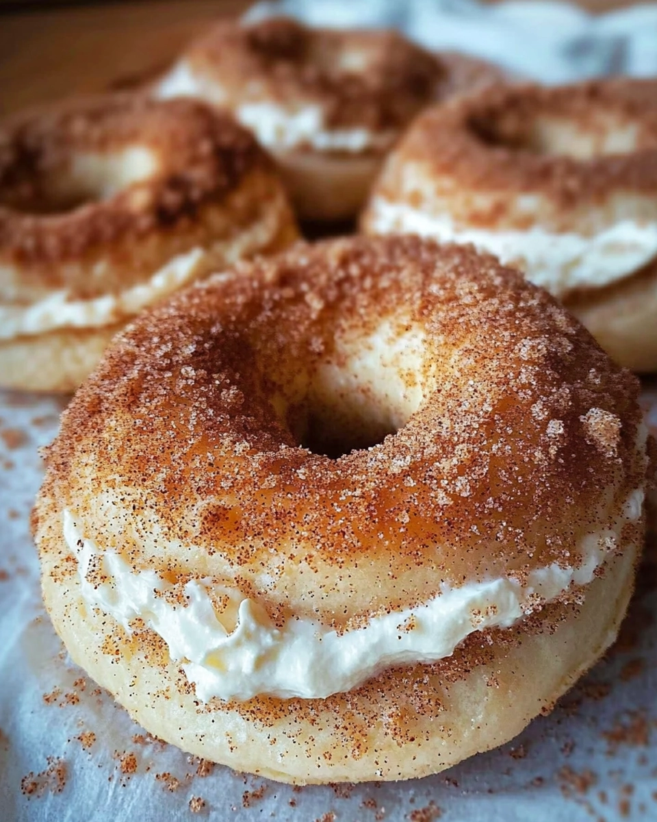Close-up of a homemade cinnamon crunch bagel filled with cream cheese