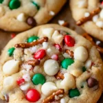 Festive Christmas cookies with red and green M&Ms, white chocolate chips, pretzels, and holiday sprinkles on parchment paper.