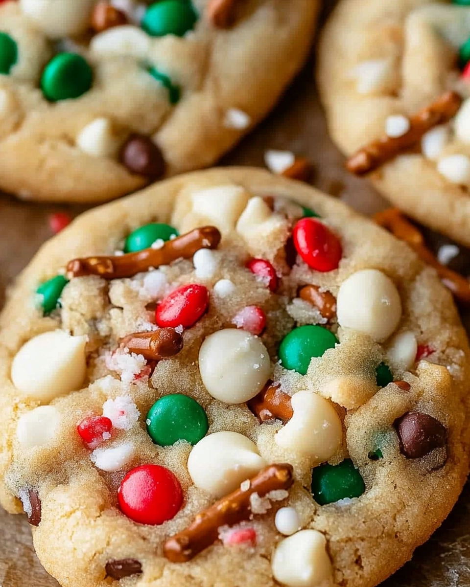 Festive Christmas cookies with red and green M&Ms, white chocolate chips, pretzels, and holiday sprinkles on parchment paper.