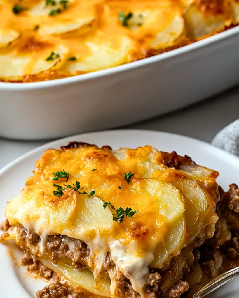 Plated slice of cheesy beef and potato casserole with melted cheese and parsley garnish.