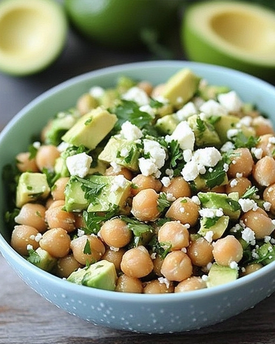 Fresh chickpea, avocado, and feta salad served in a blue bowl with lime and avocado in the background.