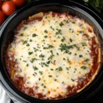 Top-down view of cheesy lasagna in a slow cooker with parsley garnish