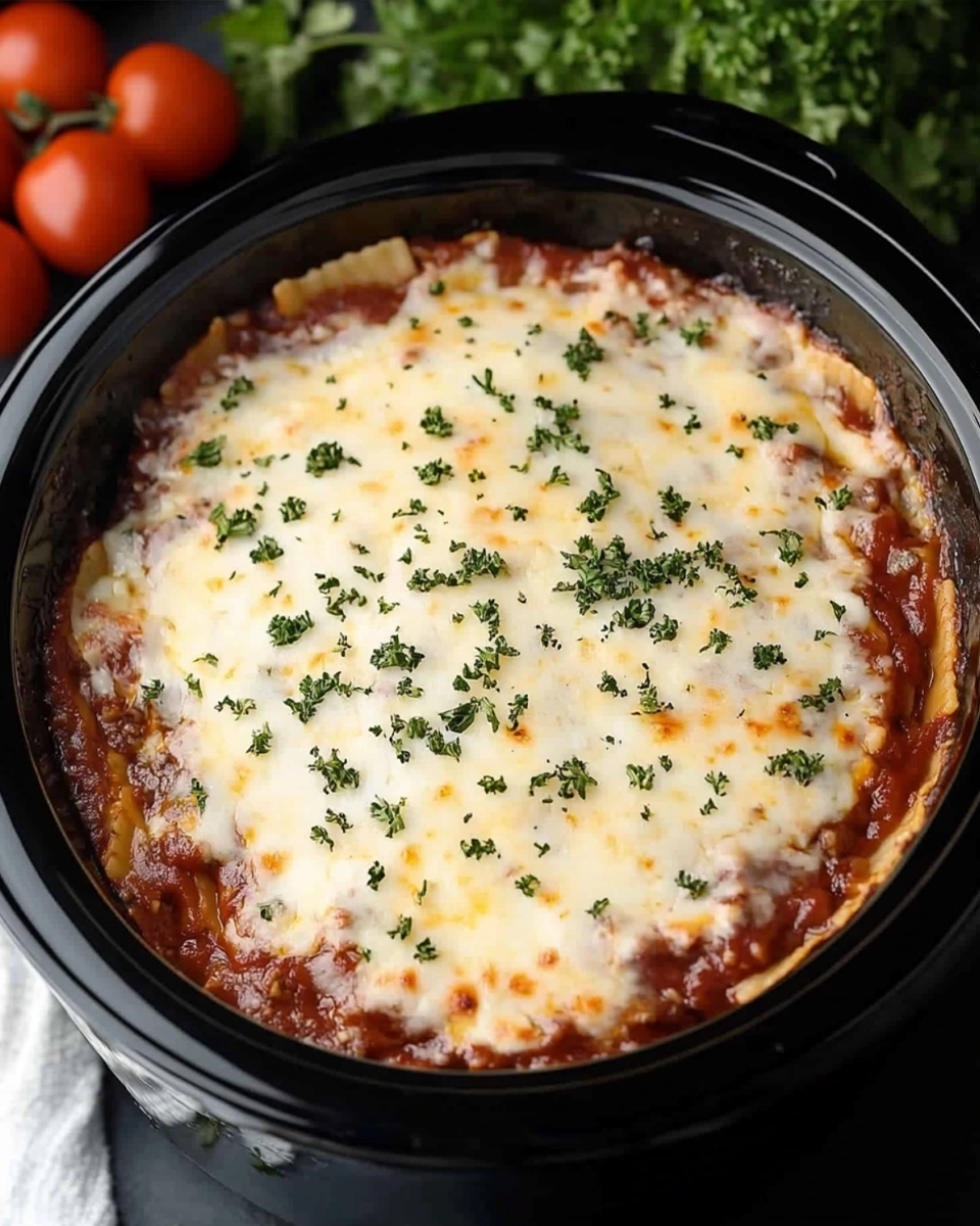 Top-down view of cheesy lasagna in a slow cooker with parsley garnish