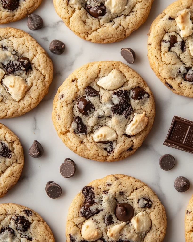 Overhead view of cookies and cream cookies with Oreo chunks and white chocolate chips on a marble background