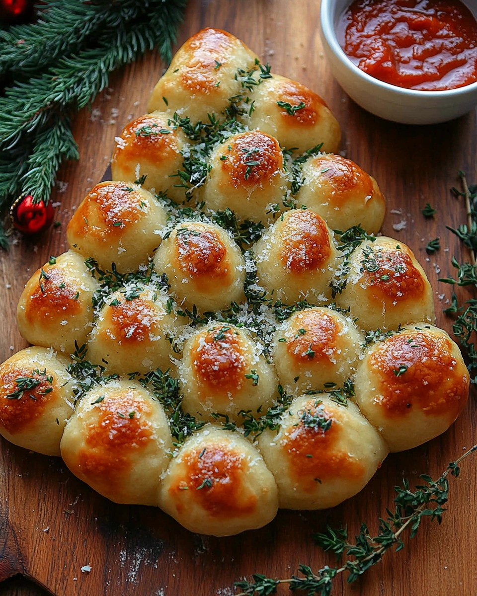 Christmas tree garlic pull-apart bread with cheese and herbs on parchment paper with marinara sauce