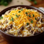 Cheesy ground beef and rice casserole in a rustic brown bowl topped with shredded cheddar and parsley.