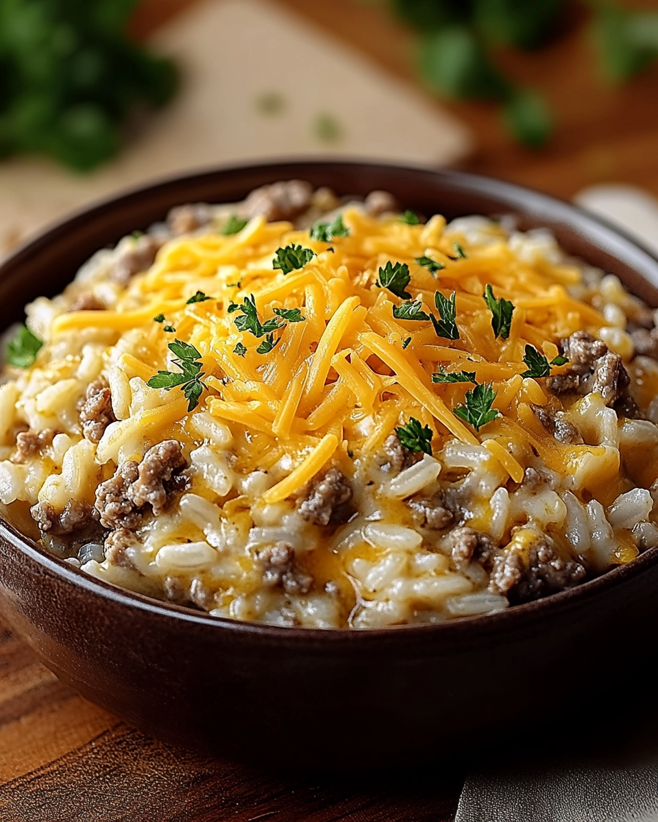 Cheesy ground beef and rice casserole in a rustic brown bowl topped with shredded cheddar and parsley.