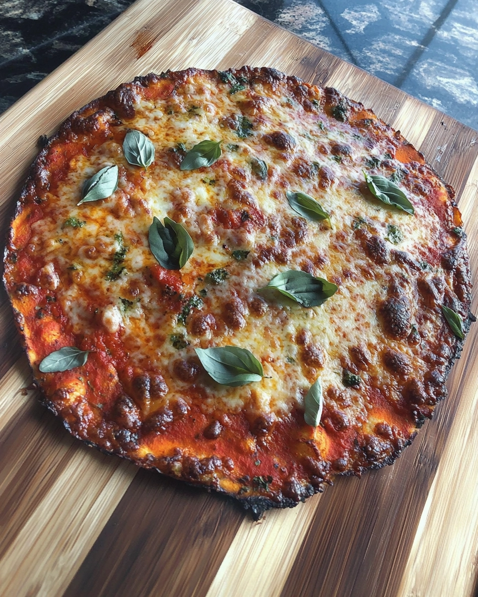 Zucchini crust pizza with mozzarella cheese and fresh basil on a wooden board