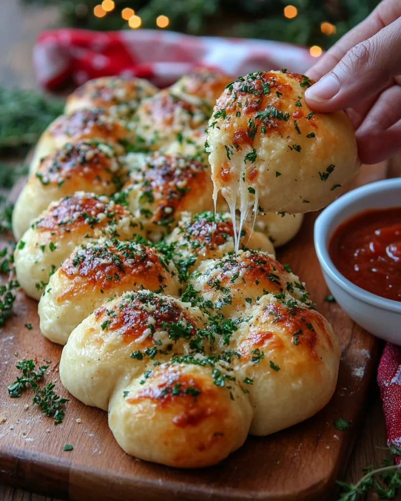Hand dipping puffed garlic cheese bread from a Christmas tree pull-apart into marinara sauce
