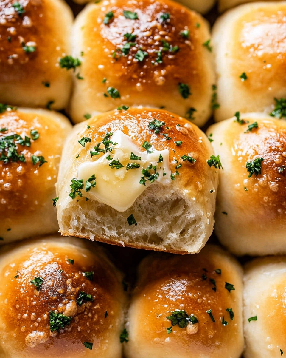 Freshly baked garlic butter dinner rolls with golden crust and parsley topping