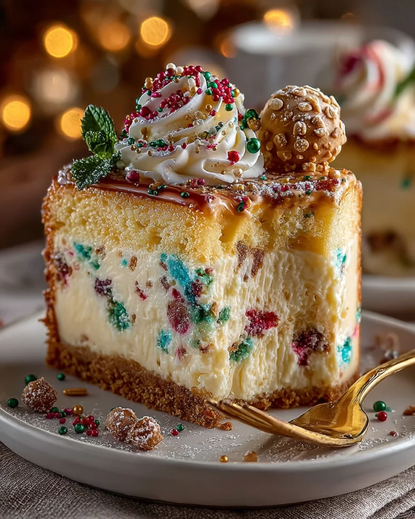 A close-up image of a slice of holiday cake with colorful sprinkles, creamy texture, and festive decorations, placed on a speckled plate with a gold ornament beside it.