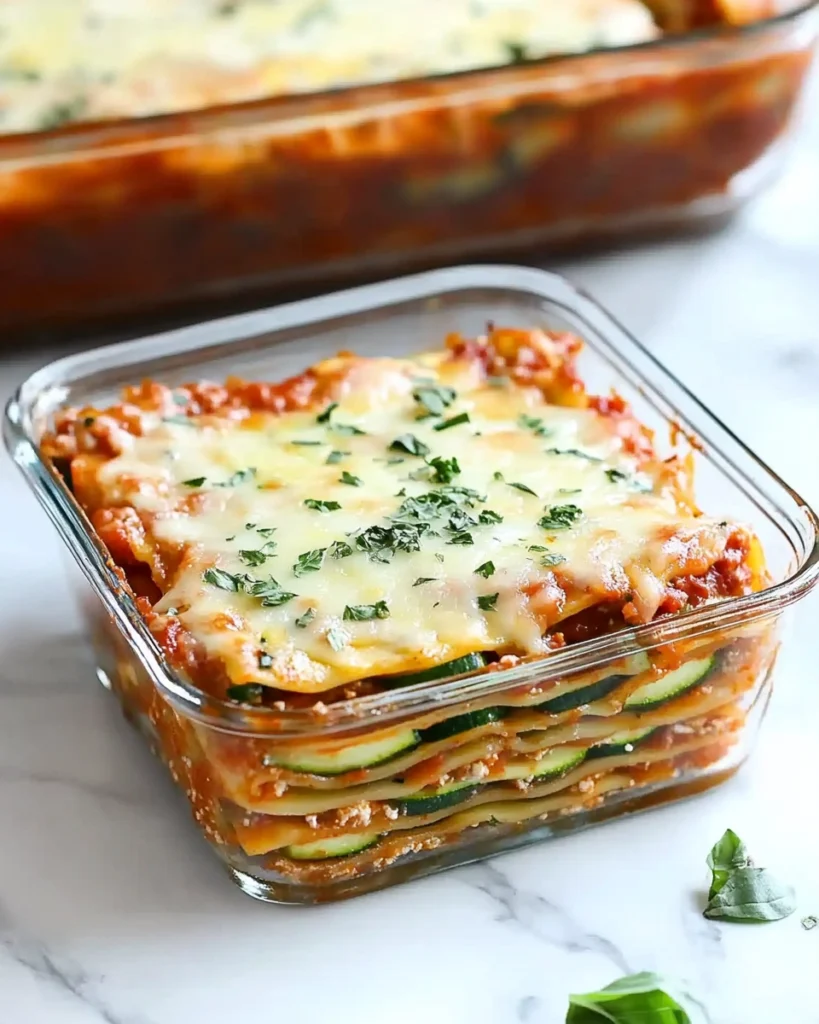 Close-up of a zucchini lasagna slice in a glass container with melted cheese and herbs