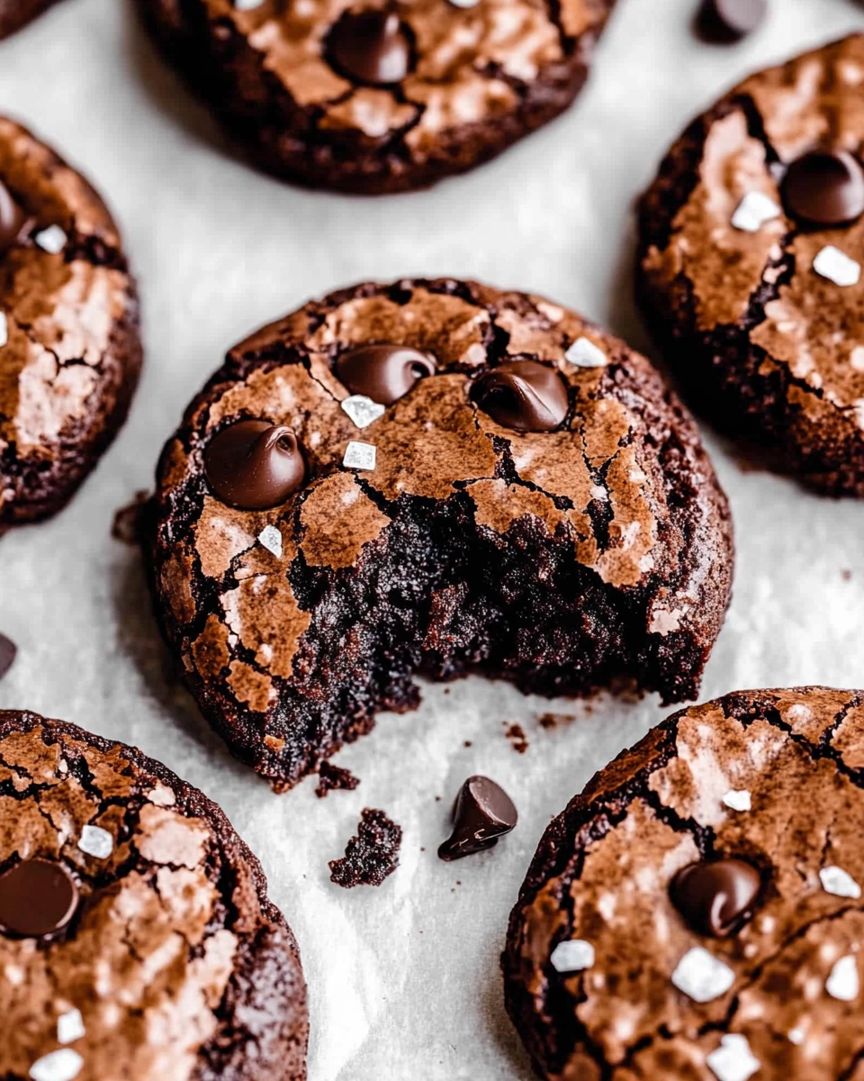 Close-up of brownie cookies with cracked surface and gooey center, topped with sea salt flakes and chocolate chips.