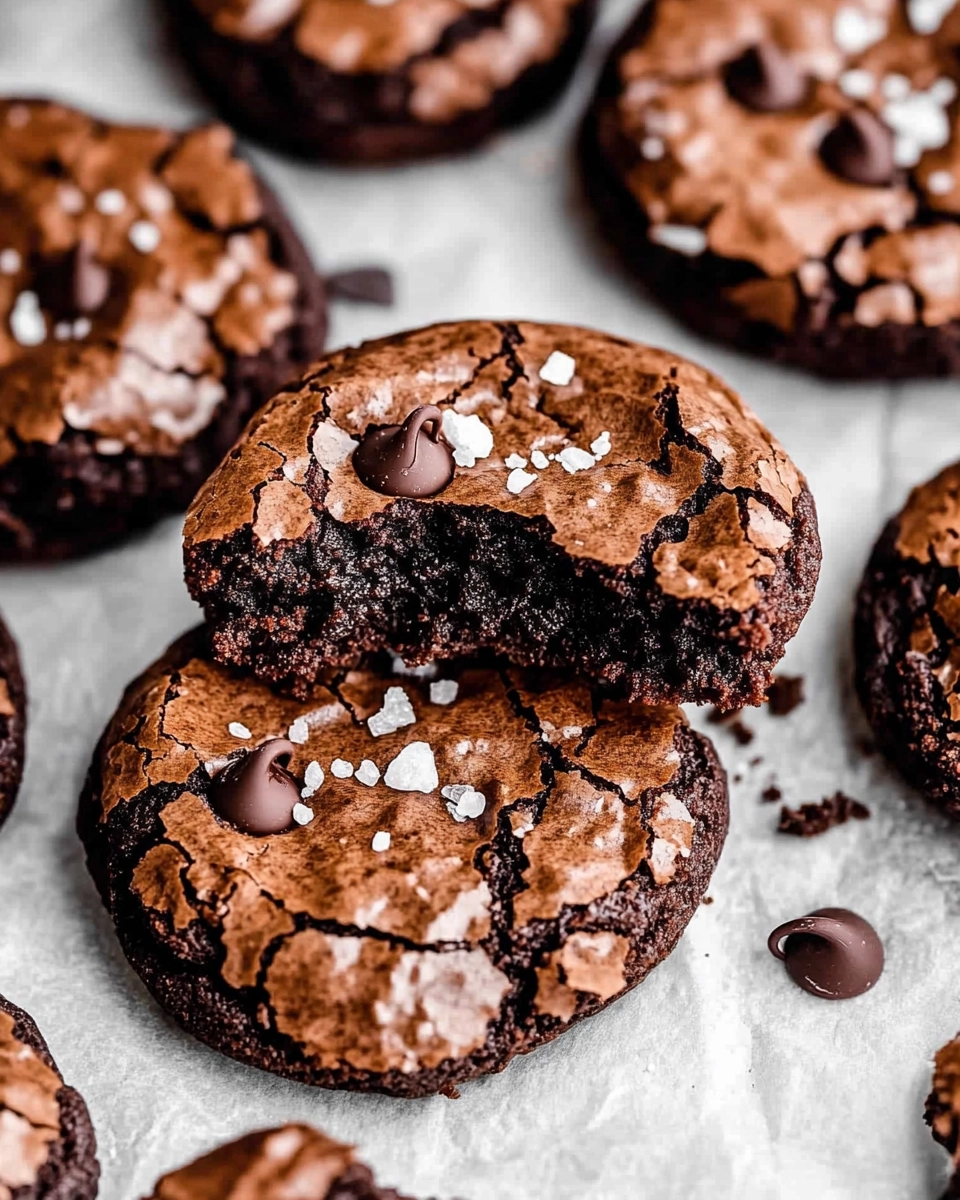 Chewy fudgy chocolate cookies with a crackled top, sea salt, and chocolate chips, with a gooey interior.