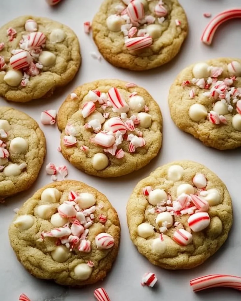 Soft and chewy peppermint cookies with crushed candy canes and white chocolate chips, scattered with candy pieces on a light marble surface.