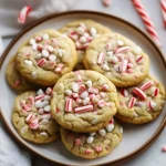 A plate of soft peppermint cookies topped with white chocolate chips and crushed candy canes, with scattered candy pieces and candy canes around.