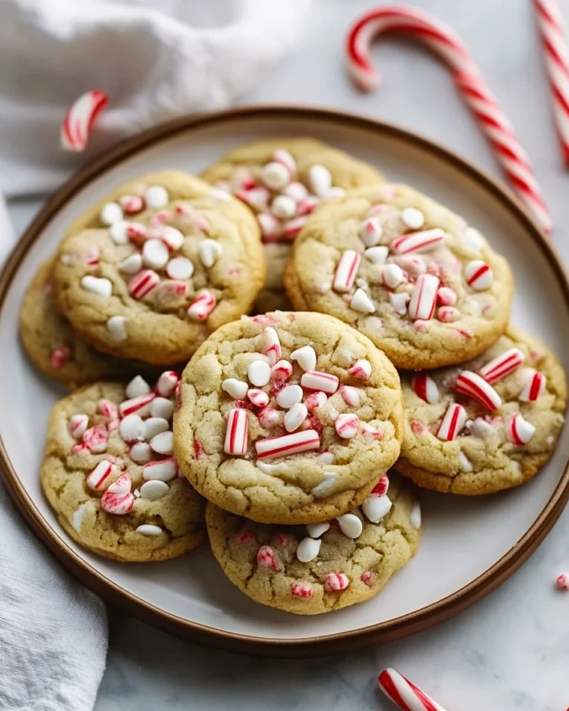 A plate of soft peppermint cookies topped with white chocolate chips and crushed candy canes, with scattered candy pieces and candy canes around.