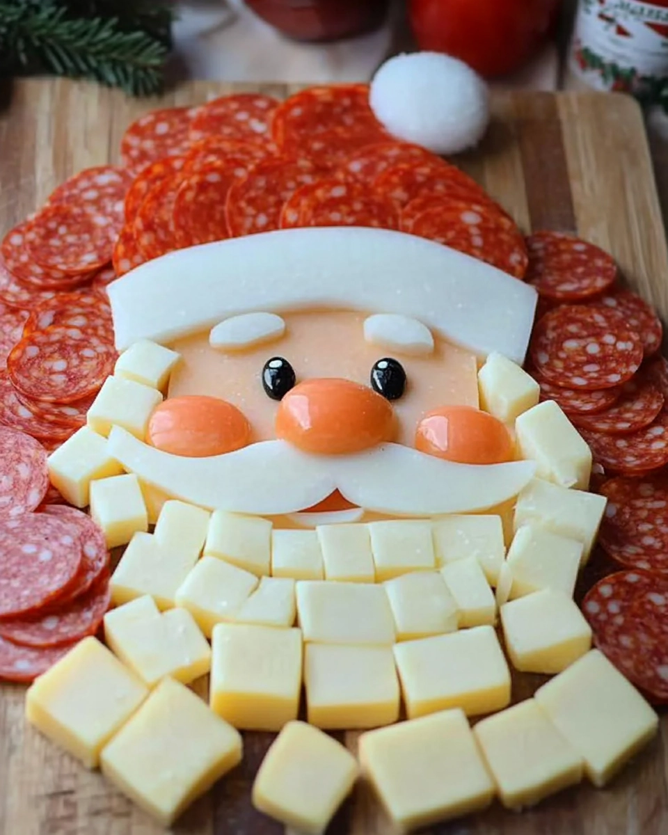 Festive Santa Claus face made from cheese cubes and pepperoni slices on a wooden board
