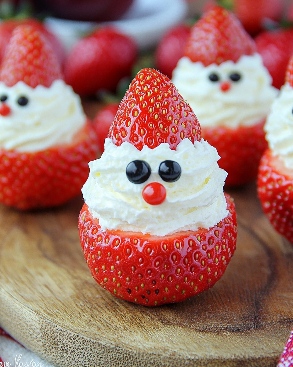 Fresh strawberries sliced and filled with whipped cream, arranged beautifully on a wooden surface for a festive and delicious treat.