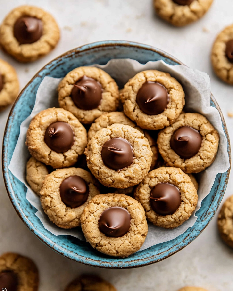 Peanut butter blossom cookies topped with chocolate kisses on a blue ceramic plate with parchment paper.