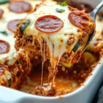 Cheesy slice of zucchini pepperoni lasagna being lifted from a baking dish with melted cheese stretching.