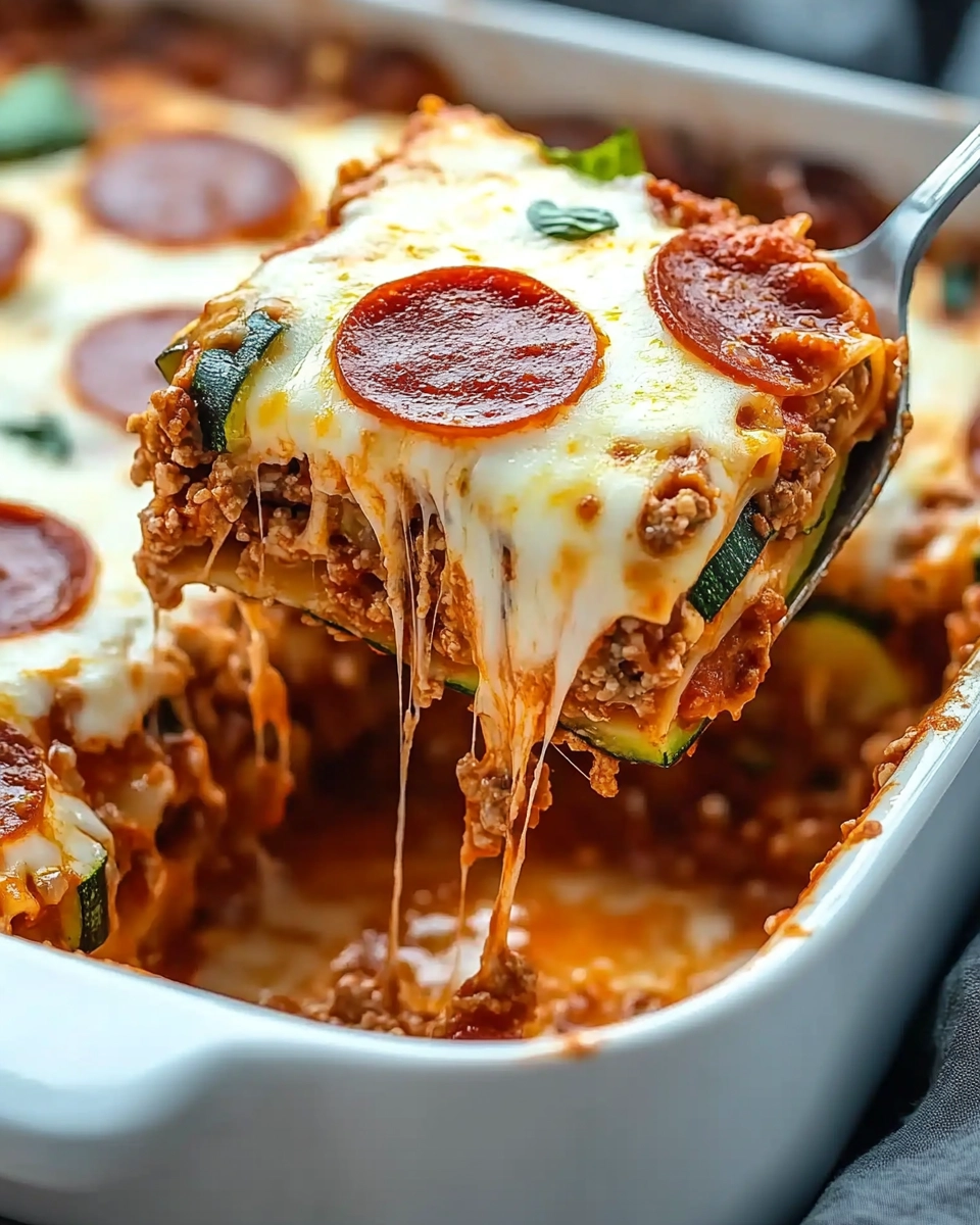 Cheesy slice of zucchini pepperoni lasagna being lifted from a baking dish with melted cheese stretching.