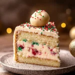 A close-up of a festive cake slice with red and green sprinkles, creamy layers, and holiday decorations on a speckled plate with scattered sprinkles.