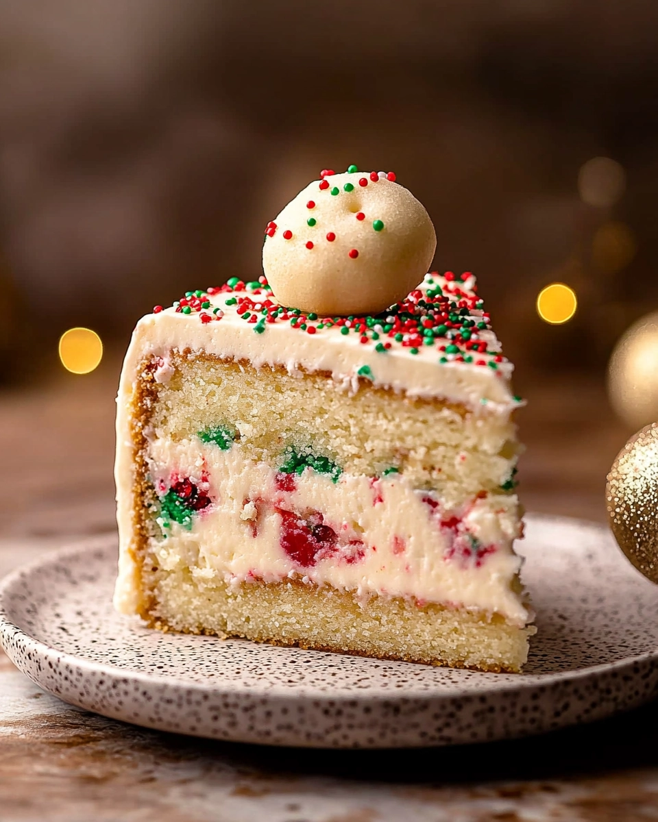 A close-up of a festive cake slice with red and green sprinkles, creamy layers, and holiday decorations on a speckled plate with scattered sprinkles.
