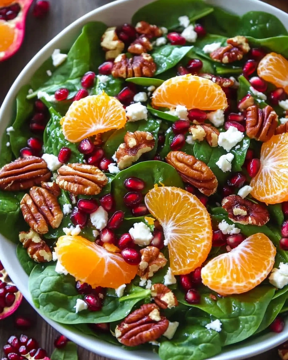 A fresh spinach salad with mandarin slices, pomegranate seeds, candied pecans, and feta cheese, beautifully arranged in a white bowl on a rustic wooden background.