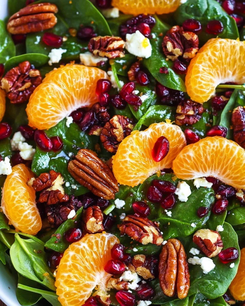 Close-up of a fresh spinach salad with lemon and mandarin slices, pomegranate seeds, candied pecans, and feta cheese, beautifully arranged in a white bowl on a rustic wooden background.

