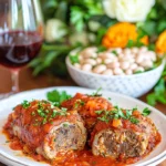 Italian braciole with tomato sauce served on a white plate with red wine and salad in the background